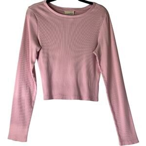 Universal Thread Pink Ribbed Cropped Crew Neck Long Sleeve Top Regular Size M